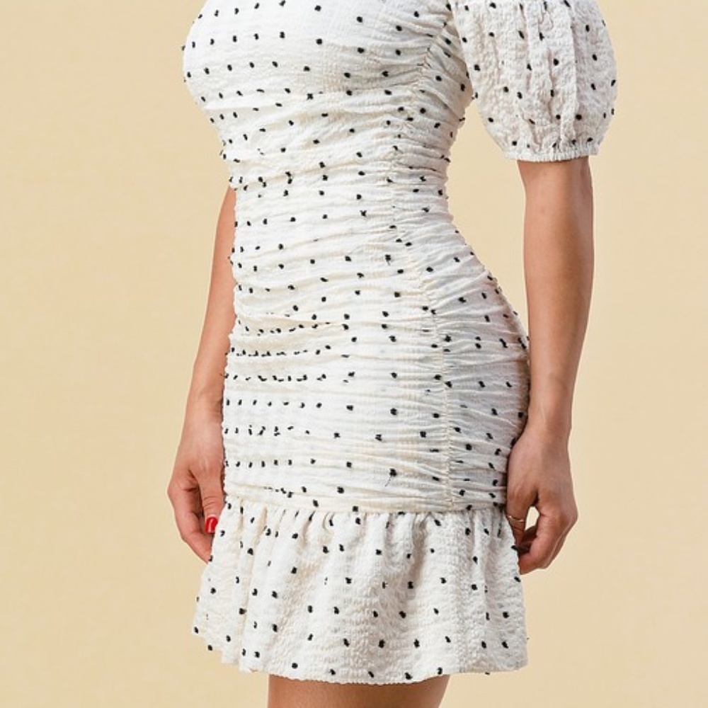 OFF WHITE MINI DRESS WITH BLACK POMPOMS - Picture 5 of 17